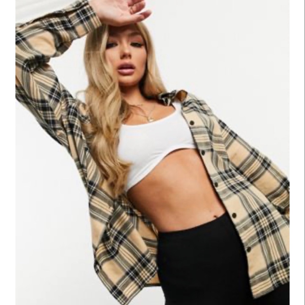 ASOS tan and black checkered long sleeve button down boyfriend shirt